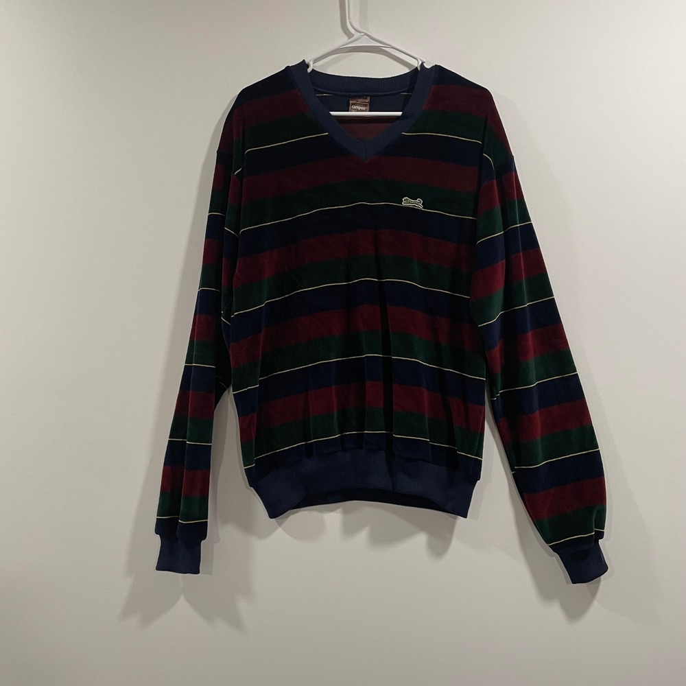 Campus Le Tigre VTG Velour Striped V-Neck Sweater Mens LT Made in USA